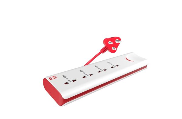 GM 3060 E-Book 4 + 1 Power Strip Red & White Color 250 Volts with Master Switch, Indicator, Safety Shutter & 4 International sockets, Extension Cord for Home Appliances