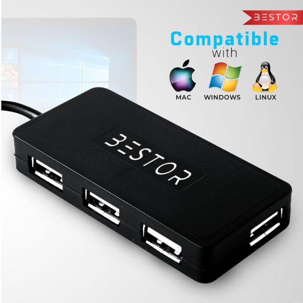 Bestor 4-in-1 USB Hub, 480Mbps High-Speed Multiport Dock with 0.9m Cable, Compatible with PC, Laptops & USB Devices – Black - Image 7