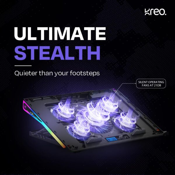 Kreo Tundra 5 Fans RGB Laptop Cooling Pad with Dual USB Port, 5 Adjustable Height Angles with LCD Display and 10 RGB Modes for Gaming Laptop, Silent Cooling Pad with Under 21 dBA - Image 2