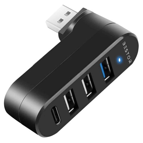 Bestor 4-Port USB 3.0 Hub, Rotatable 90°/180° USB Splitter with 3 USB Ports & 1 USB-C Power/Data Port, USB Extender for Laptop, MacBook, iMac, Mac Pro, and More