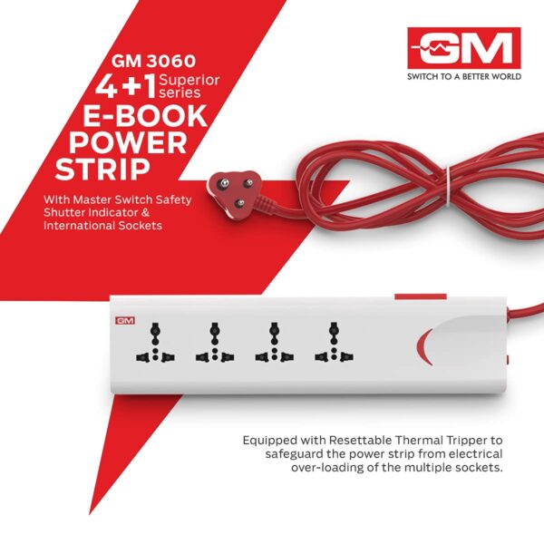 GM 3060 E-Book 4 + 1 Power Strip Red & White Color 250 Volts with Master Switch, Indicator, Safety Shutter & 4 International sockets, Extension Cord for Home Appliances - Image 2