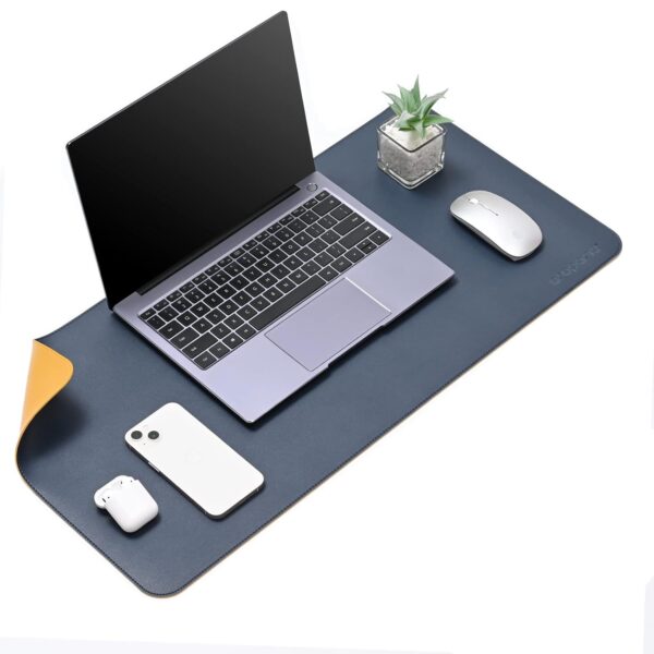 Aropana Vegan Leather Desk Mat, Mouse Pad Large, Computer Table Mat, Reversible Extended Laptop Pad for Desk, Dual Side Waterproof Edge-Stitched (27.6x13.8 inch, Navy Blue/Yellow)