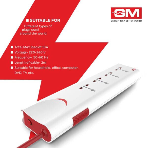 GM 3060 E-Book 4 + 1 Power Strip Red & White Color 250 Volts with Master Switch, Indicator, Safety Shutter & 4 International sockets, Extension Cord for Home Appliances - Image 4