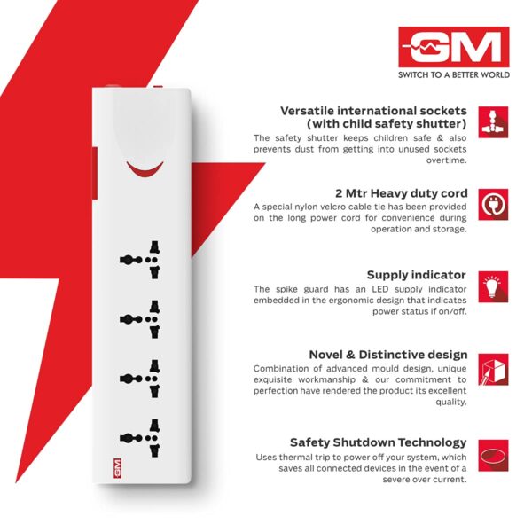 GM 3060 E-Book 4 + 1 Power Strip Red & White Color 250 Volts with Master Switch, Indicator, Safety Shutter & 4 International sockets, Extension Cord for Home Appliances - Image 3