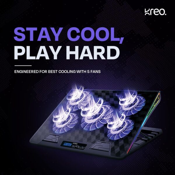 Kreo Tundra 5 Fans RGB Laptop Cooling Pad with Dual USB Port, 5 Adjustable Height Angles with LCD Display and 10 RGB Modes for Gaming Laptop, Silent Cooling Pad with Under 21 dBA - Image 7