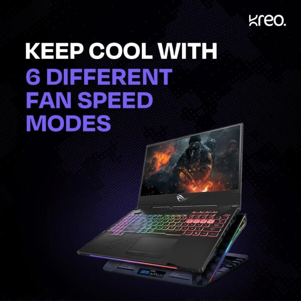 Kreo Tundra 5 Fans RGB Laptop Cooling Pad with Dual USB Port, 5 Adjustable Height Angles with LCD Display and 10 RGB Modes for Gaming Laptop, Silent Cooling Pad with Under 21 dBA - Image 6