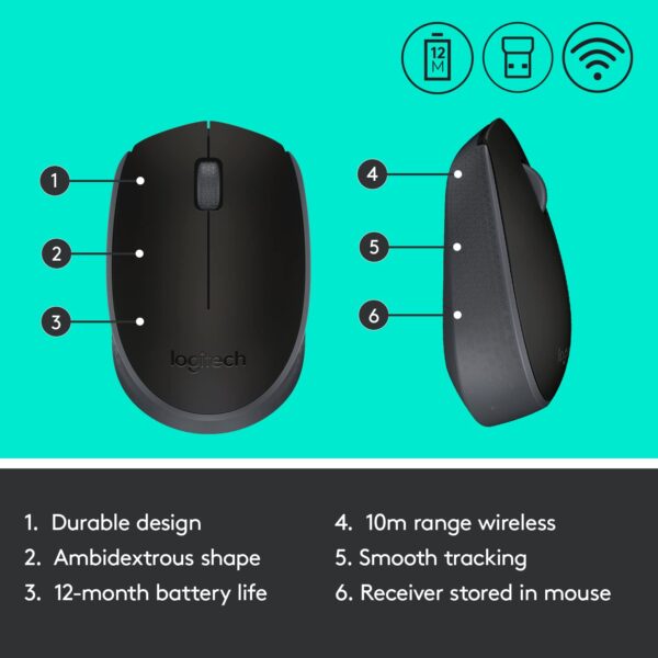 Logitech B170 Wireless Mouse, 2.4 GHz with USB Nano Receiver, Optical Tracking, 12-Months Battery Life, Ambidextrous, PC/Mac/Laptop - Black - Image 8