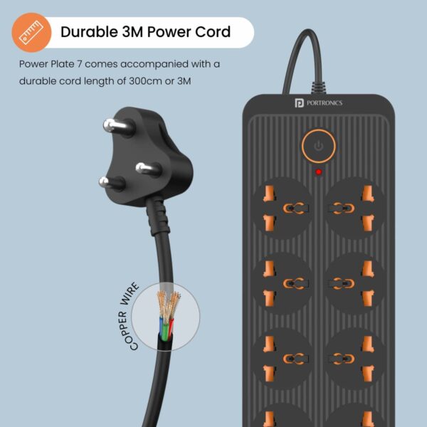 Portronics Power Plate 7 with 6 USB Port + 8 Power Sockets Smart Electric Universal Extension Board Multi Plug with 2500W, 3Mtr Cord Length, 2.4A USB Output(Black) - Image 2