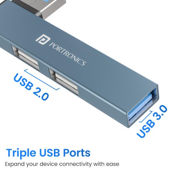 Portronics Mport Mino A USB 3.0 Hub (3-in-1) with USB 3.0 SuperSpeed, Compact L-Shape Design, 2-Port USB 2.0 High-Speed, USB Plug, Metal Alloy Body, for Laptop, PC, Mac (Grey) - Image 2