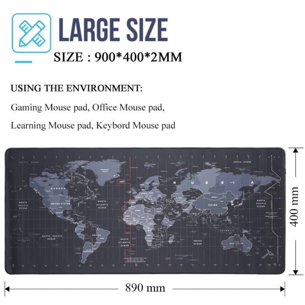 INOVERA World Map Extended Anti Slip Rubber Gaming Stitched Mouse Pad Desk Mat for Computer Laptop (Black, 890L x 400B x 2H mm) - Image 2