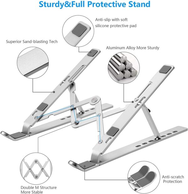 VOWEL'S ENTERPRISE Laptop Stand, Height-Adjustable, Foldable, Portable, Ventilated, Fits Up to 15.6-Inch Laptops (Aluminium Alloy, Silver) - Image 5