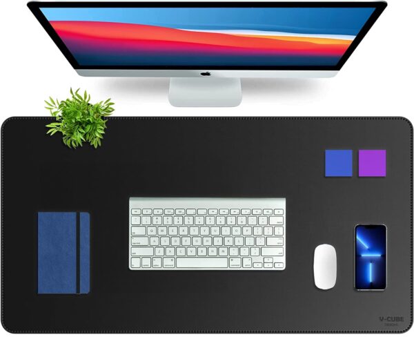 V-CUBE Designs Premium Vegan Leather Desk Mat 90X45cm 2.4mm Thick&Padded|Laptop Mat/Extended Mouse Pad/Stitched, Reversible, Sturdy Deskspread | High Tear/Peel Strength|Anti-Slip,Splash-Proof| Black