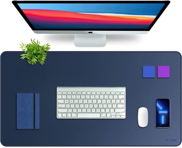 V-CUBE Designs Premium Vegan Leather Desk Mat 90X45cm 2.4mm Thick&Padded|Laptop Mat/Extended Mouse Pad/Stitched, Reversible, Sturdy Deskspread with High Tear/Peel Strength|Anti-Slip,Splash-Proof|Blue