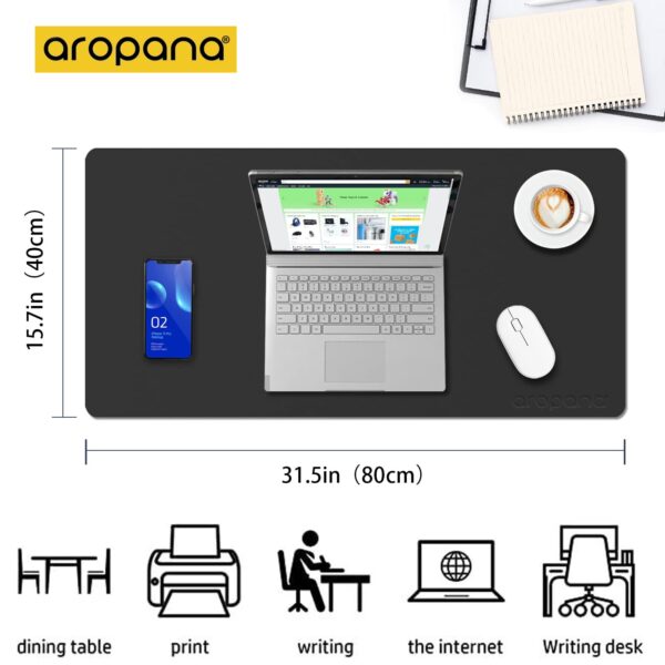 Aropana Vegan Leather Desk Mat, Mouse Pad Large, Computer Table Mat, Reversible Extended Laptop Pad for Desk, Dual Side Waterproof Edge-Stitched (31.5"x 15.7"inch, Black/Grey) - Image 2