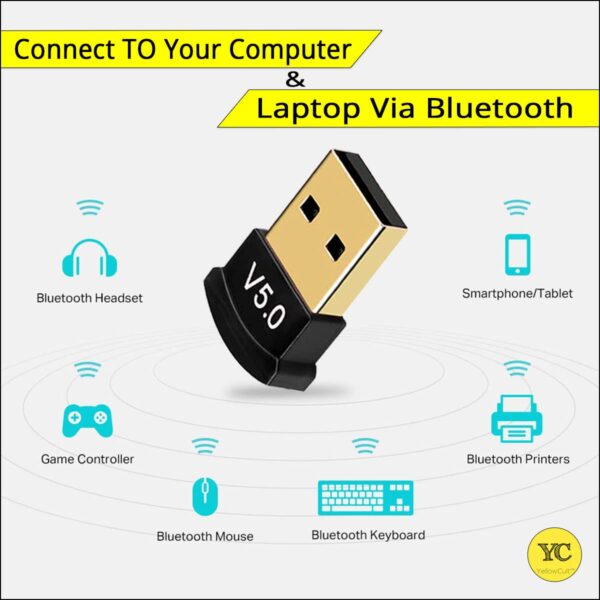 YellowCult USB Bluetooth Adapter for PC, 5.0 Bluetooth Dongle Receiver (UB500) Supports Windows 11/10/8.1/7 for Desktop, Laptop, Mouse, Keyboard, Printers, Headsets, Speakers, PS4/ Xbox Controllers