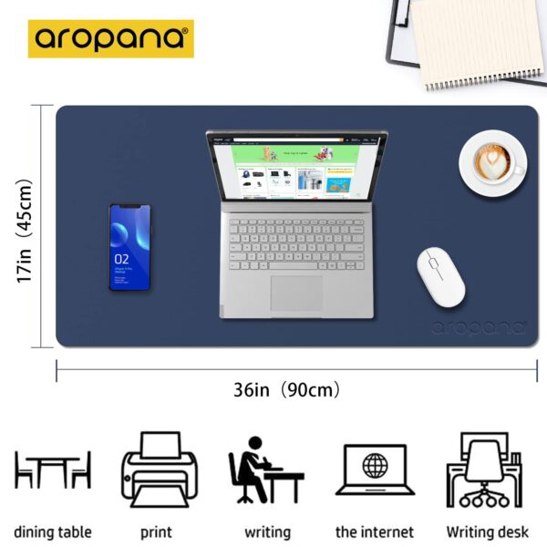 Aropana Vegan Leather Desk Mat, Mouse Pad Large, Computer Table Mat, Reversible Extended Laptop Pad for Desk, Dual Side Waterproof Edge-Stitched (36"x17"inch, Navy Blue/Yellow) - Image 3