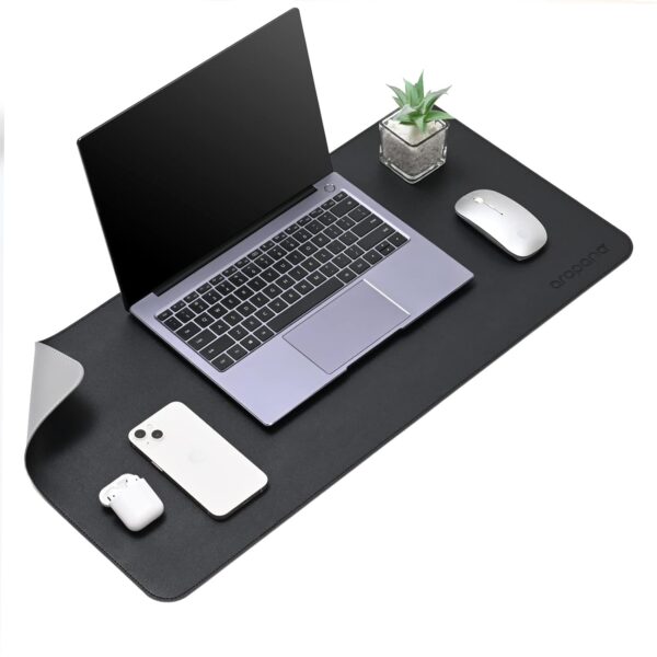 Aropana Vegan Leather Desk Mat, Mouse Pad Large, Computer Table Mat, Reversible Extended Laptop Pad for Desk, Dual Side Waterproof Edge-Stitched (27.6x13.8 inch, Black/Grey)