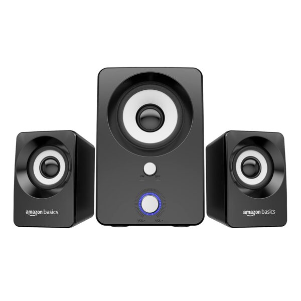 amazon basics Multimedia Speaker | USB Powered | Wired Desktop Speakers with Powerful Bass | Built-in Subwoofer (Black)