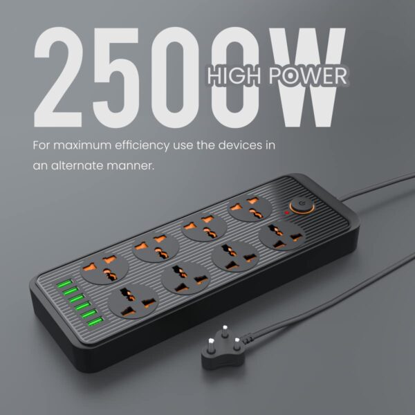 Portronics Power Plate 7 with 6 USB Port + 8 Power Sockets Smart Electric Universal Extension Board Multi Plug with 2500W, 3Mtr Cord Length, 2.4A USB Output(Black) - Image 6