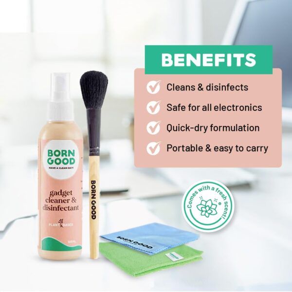 Born Good 4-in-1 Plant-Based Electronics & Gadget Disinfectant Cleaner Kit - Non-Toxic Formula for Laptop, Smartphone, Monitor, Tablet, Camera, TVs - 2 Microfiber Cloths & Soft Brush (100ml) - Image 2