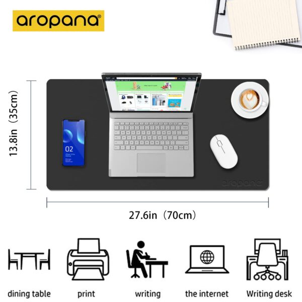 Aropana Vegan Leather Desk Mat, Mouse Pad Large, Computer Table Mat, Reversible Extended Laptop Pad for Desk, Dual Side Waterproof Edge-Stitched (27.6x13.8 inch, Black/Grey) - Image 2