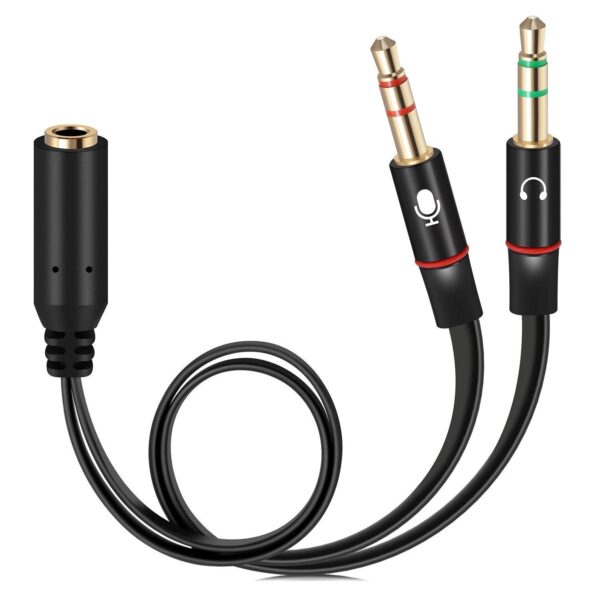 Sounce Auxiliary Gold Plated 3.5 mm Headphone 2 Male to 1 Female 3.5mm Headphone Mic Audio Cable Smartphone Headset to PC Adapter Y Splitter for Computer (Black, 20cm)