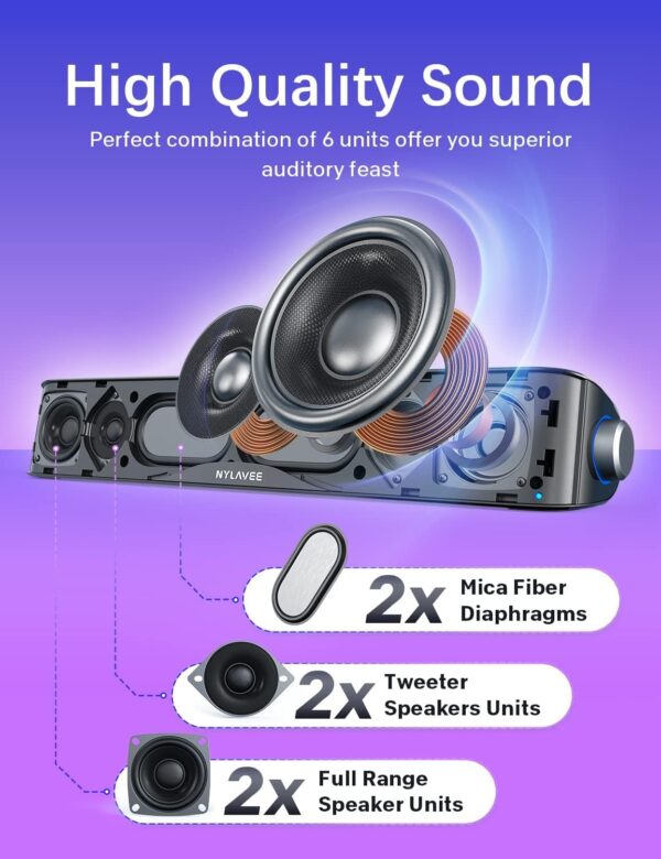 Nylavee Bluetooth Soundbar Speakers,Hifi Sound Quality Sound Bar,Usb Powered Pc Speakers,Bluetooth 5.0 And 3.5Mm Aux-In Computer Speakers For Desktop,Laptop,Pcs,Monitor,Tablets,Xbox,Gaming Speakers - Image 2