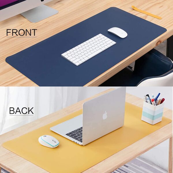 Aropana Vegan Leather Desk Mat, Mouse Pad Large, Computer Table Mat, Reversible Extended Laptop Pad for Desk, Dual Side Waterproof Edge-Stitched (36"x17"inch, Navy Blue/Yellow) - Image 2