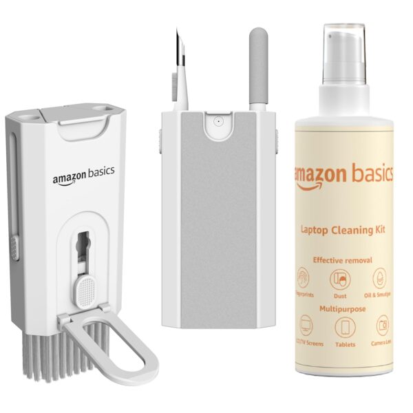 Amazon Basics 8-in-1 Cleaning Kit for Laptop, Mobile, iPhone, AirPods, Earbuds, Keyboard | Multifunctional Tool Kit | Includes Microfibre Cloth & 250 ml Cleaning Liquid