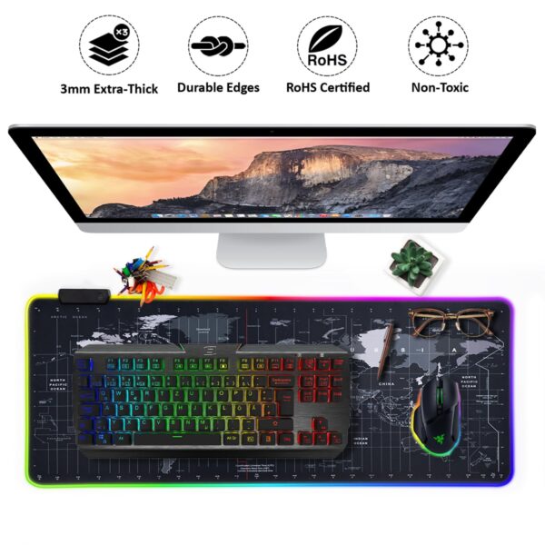 INOVERA (LABEL) RGB Light World Map Anti-Slip Extended Desk Mat Gaming Rubber Stitched Mouse Pad for Laptop and Computer, 800L x 300B mm (Black) - Image 5