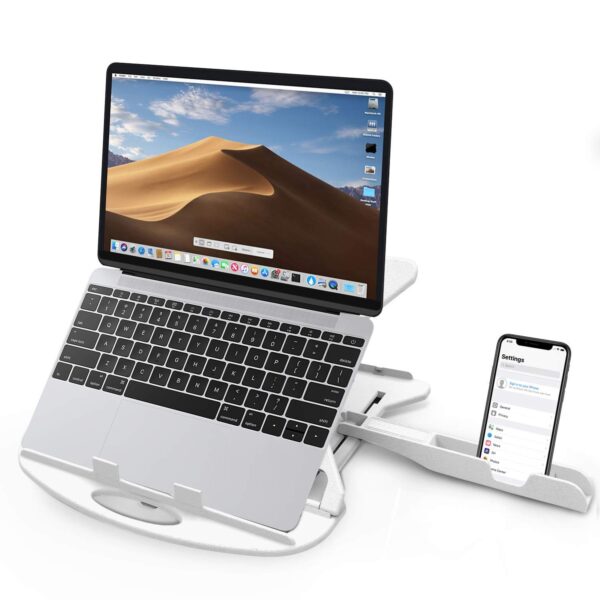 STRIFF Adjustable Laptop Stand Patented Riser Ventilated Portable Foldable Compatible with MacBook Notebook Tablet Tray Desk Table Book with Free Phone Stand(White)