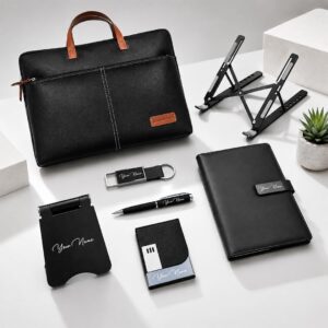 Giftana 7 in 1 Laptop Bag & Laptop Stand Set with Personalized Diary, Pen, Keychain, Card Holder & Mobile Stand, Customized Corporate Gift for Employees, Husband, Welcome Kit for Men & Women (Black)