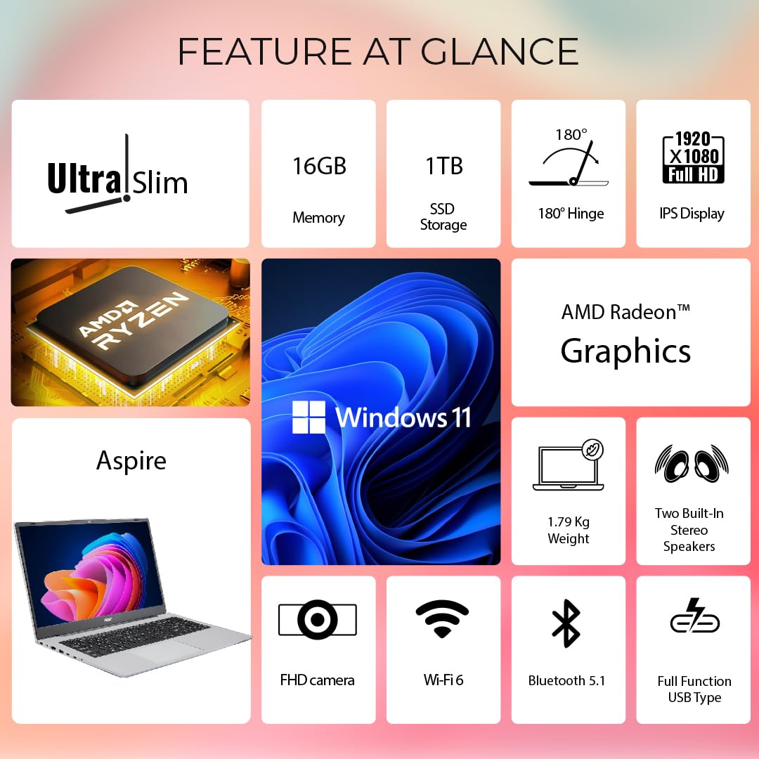 Acer Aspire, AMD Ryzen R5 7430U Processor, 16 GB RAM, 1TB SSD, Full HD IPS, 15.6''/39.62 cm, Windows 11 Home, Pure Silver, 1.79 kg, AS15-42, Backlit Keyboard, Thin and Light Laptop - Image 2