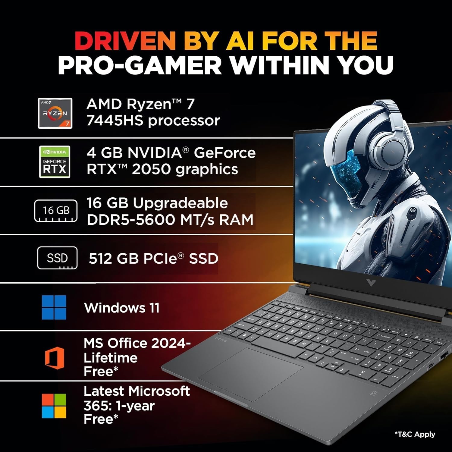 HP Victus, AMD Ryzen 7 7445HS, 4GB RTX 2050, 16GB DDR5(Upgradable) 512GB SSD, FHD, 144Hz, 300 nits, IPS, 15.6''/39.6cm, Win11, M365* Office24, Mica Silver, 2.29kg, fb3123AX, Backlit, Gaming Laptop - Image 4