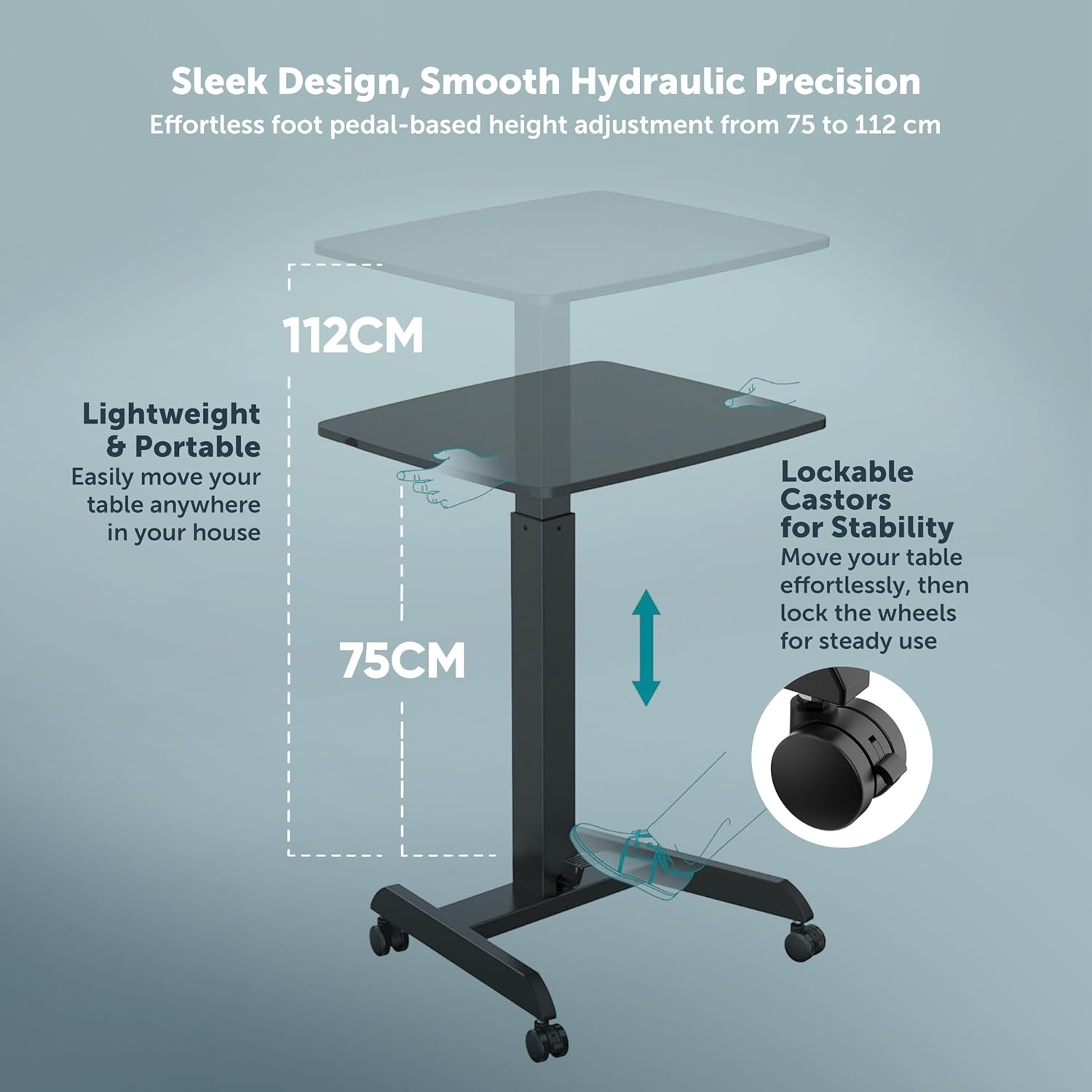 JIN OFFICE Ergonomic Height Adjustable Laptop Desk| 1 Year Warranty| Sit Stand Table with Lockable Wheels| Standing Desk for Home Office| Thick Column and Wide Steel Base| Spacious MDF top| Black - Image 6