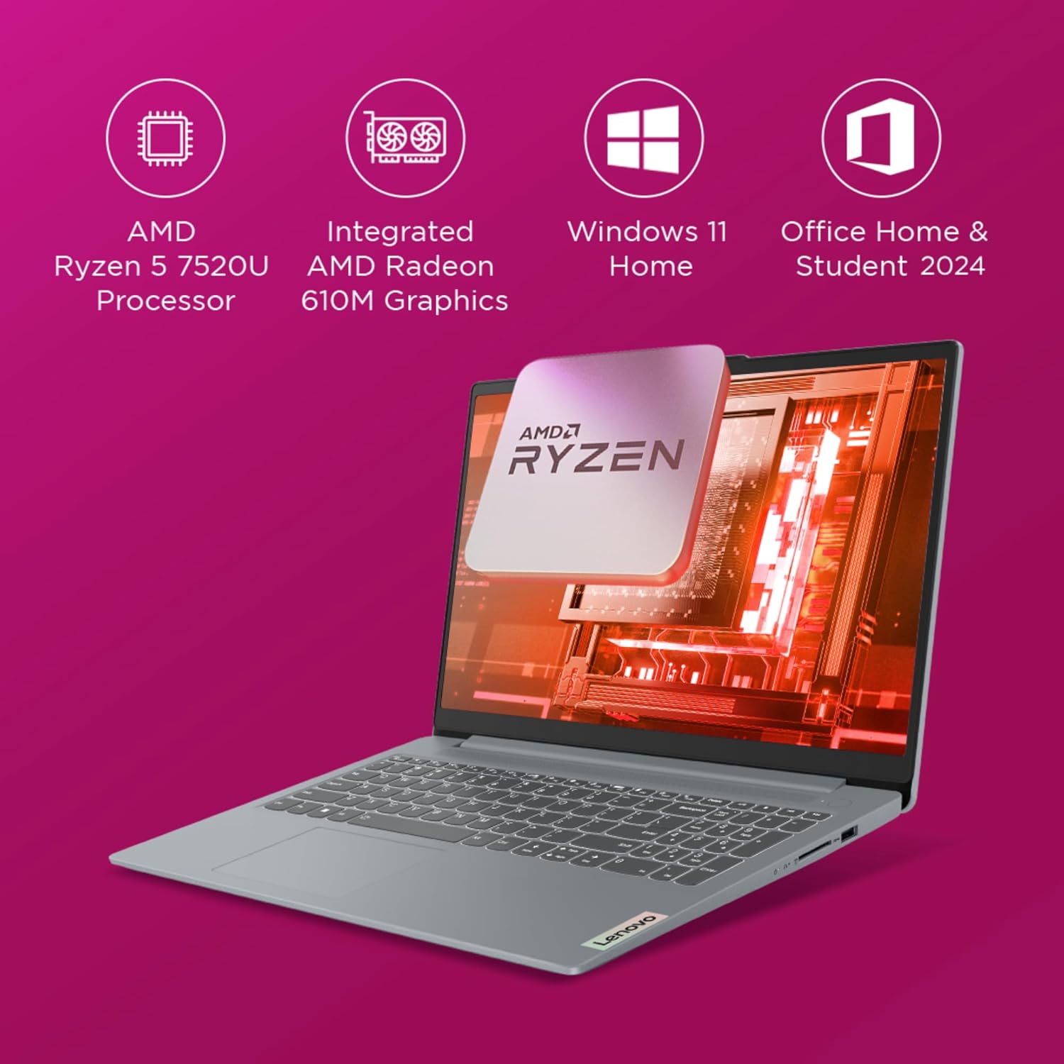 Lenovo Ideapad Slim 3 AMD Ryzen 5 7520U 15.6" (39.6cm) FHD Thin and Light Laptop (16GB/512GB SSD/Windows 11/Microsoft 365 Basic + Office Home 2024/Backlit Keyboard/Grey/1.6Kg), 82XQ00XDIN - Image 3