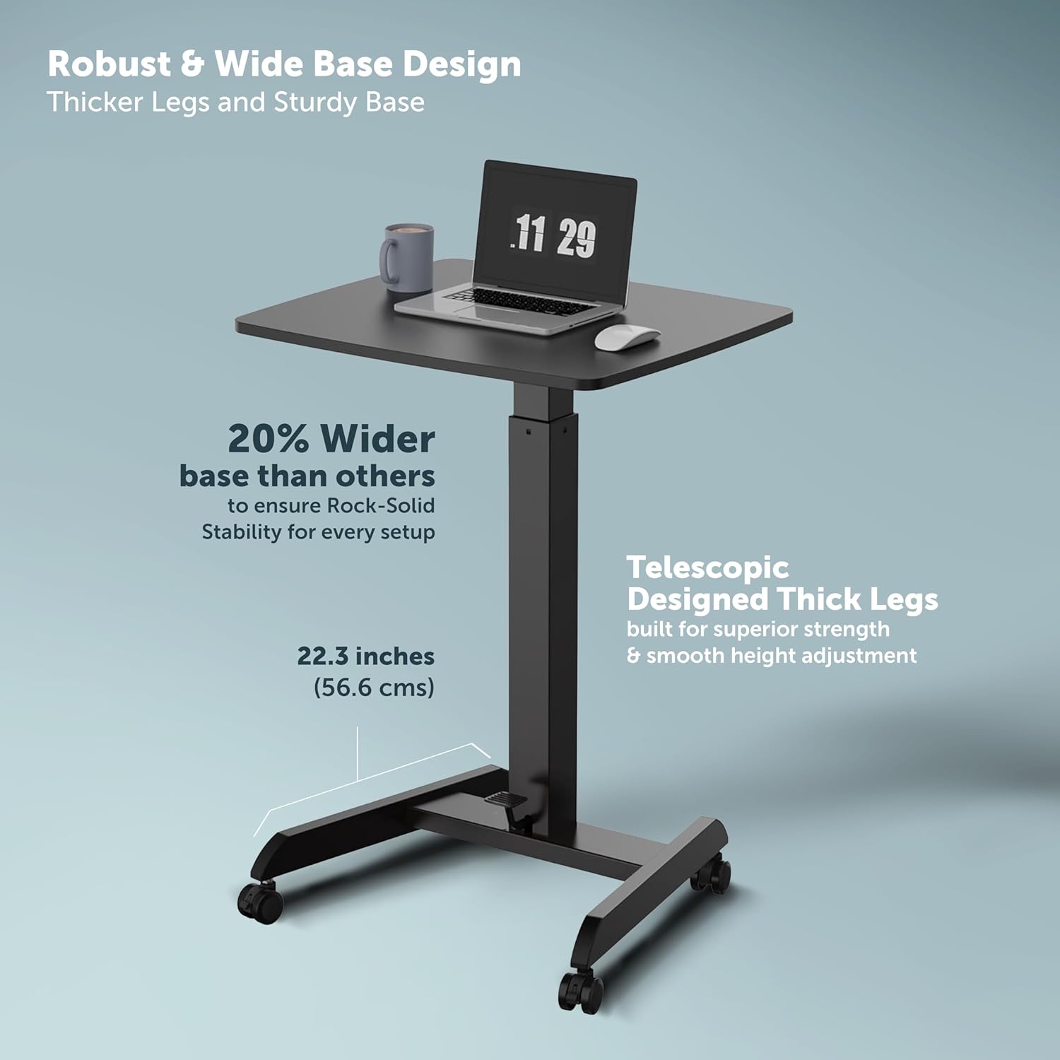 JIN OFFICE Ergonomic Height Adjustable Laptop Desk| 1 Year Warranty| Sit Stand Table with Lockable Wheels| Standing Desk for Home Office| Thick Column and Wide Steel Base| Spacious MDF top| Black - Image 5