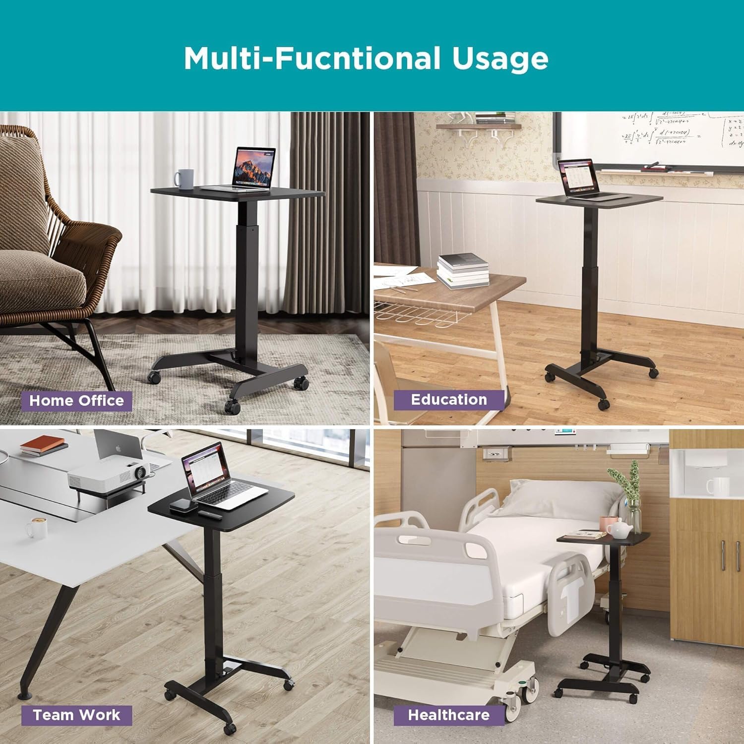 JIN OFFICE Ergonomic Height Adjustable Laptop Desk| 1 Year Warranty| Sit Stand Table with Lockable Wheels| Standing Desk for Home Office| Thick Column and Wide Steel Base| Spacious MDF top| Black - Image 7