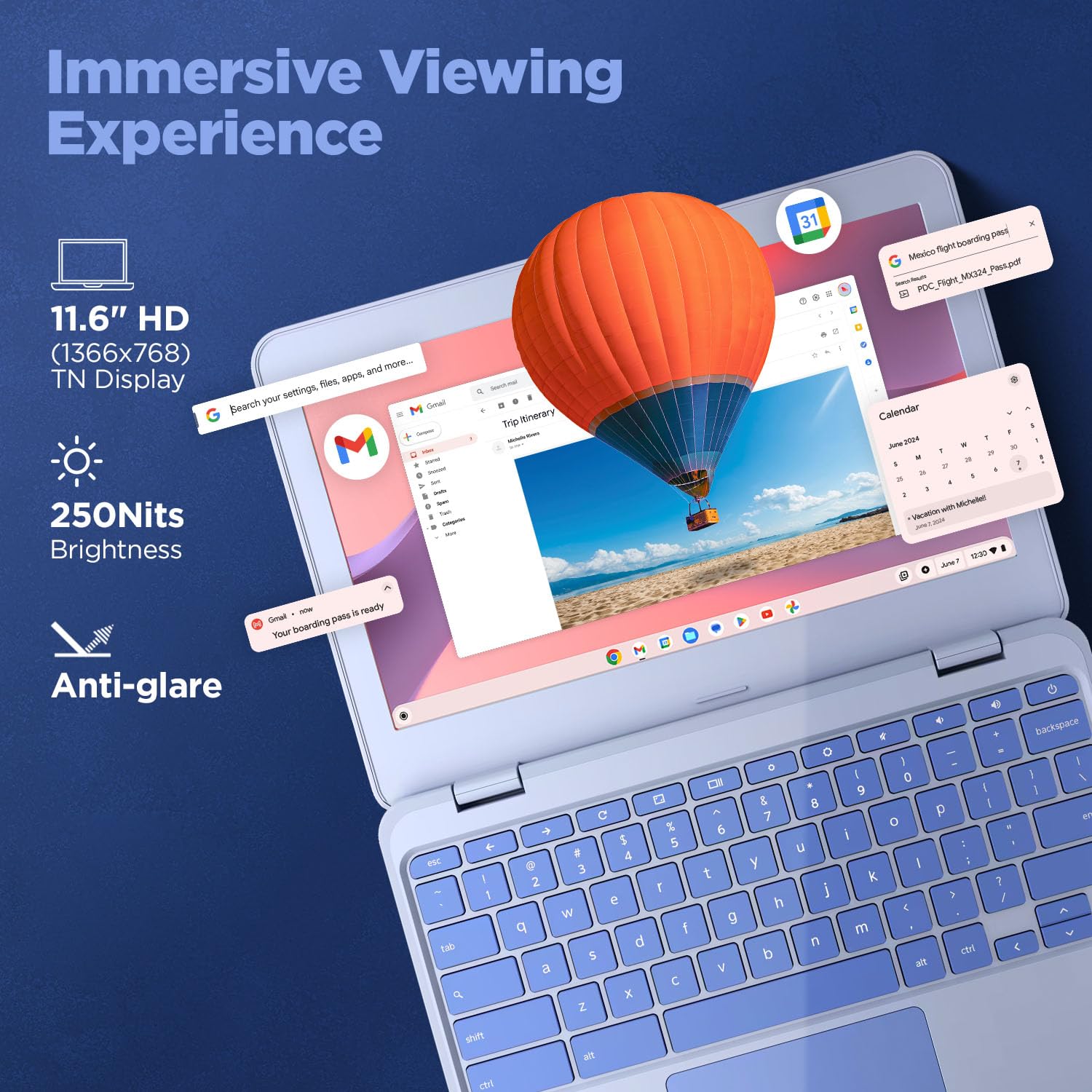 Lenovo Chromebook Intel Celeron N4500 (4GB RAM/64GB eMMC 5.1/11.6 Inch (29.46cm)/HD Display/2Wx2 Stereo Speakers/HD Camera/Chrome OS/Blue/1.21Kg), 82UY0014HA - Image 6