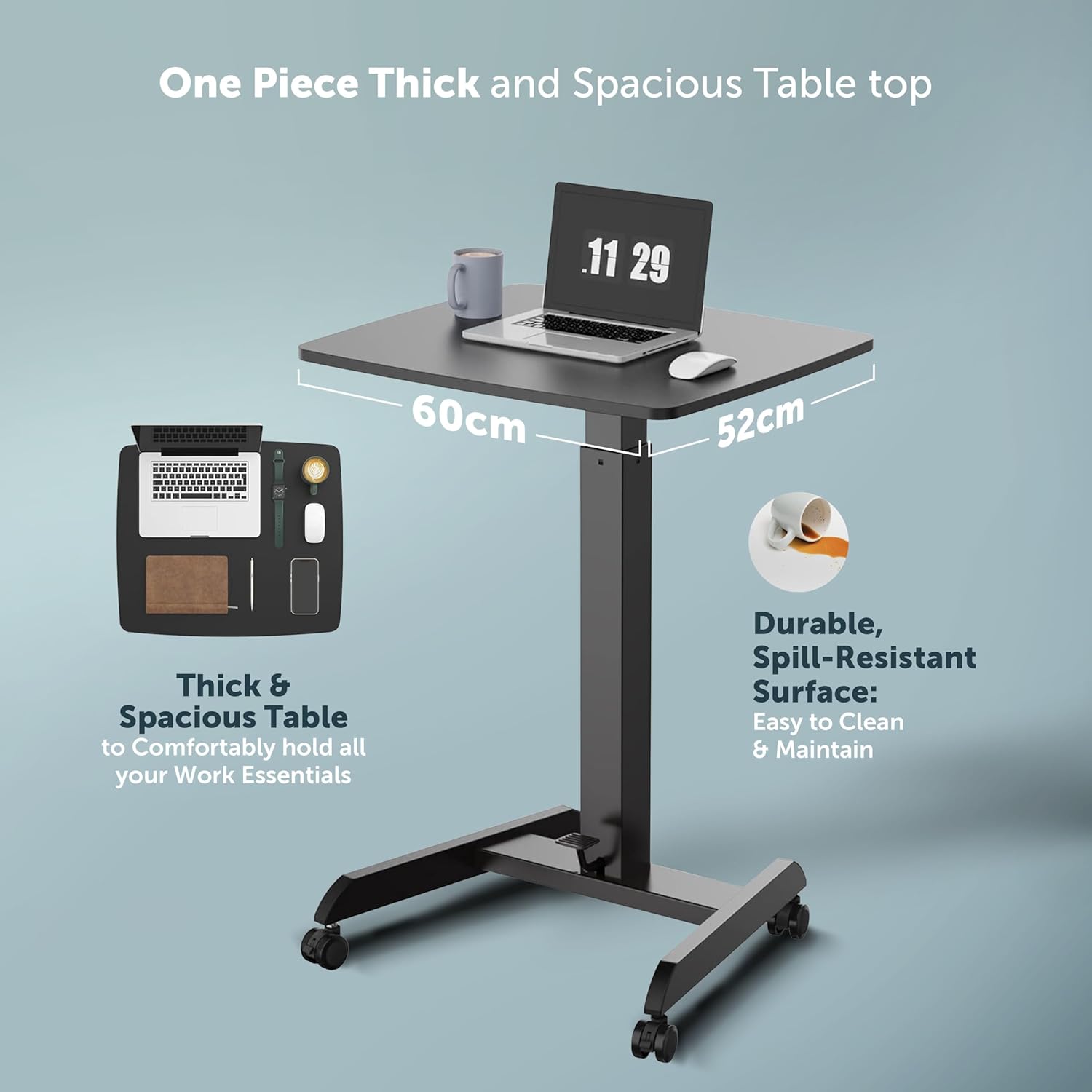 JIN OFFICE Ergonomic Height Adjustable Laptop Desk| 1 Year Warranty| Sit Stand Table with Lockable Wheels| Standing Desk for Home Office| Thick Column and Wide Steel Base| Spacious MDF top| Black - Image 3
