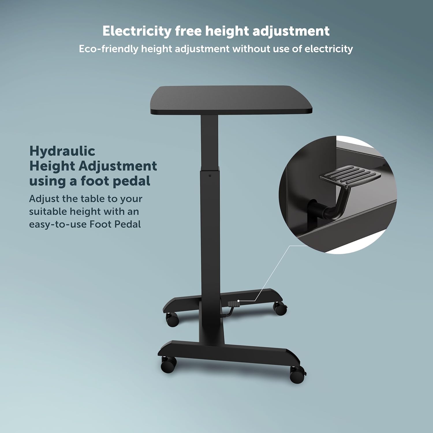 JIN OFFICE Ergonomic Height Adjustable Laptop Desk| 1 Year Warranty| Sit Stand Table with Lockable Wheels| Standing Desk for Home Office| Thick Column and Wide Steel Base| Spacious MDF top| Black - Image 4