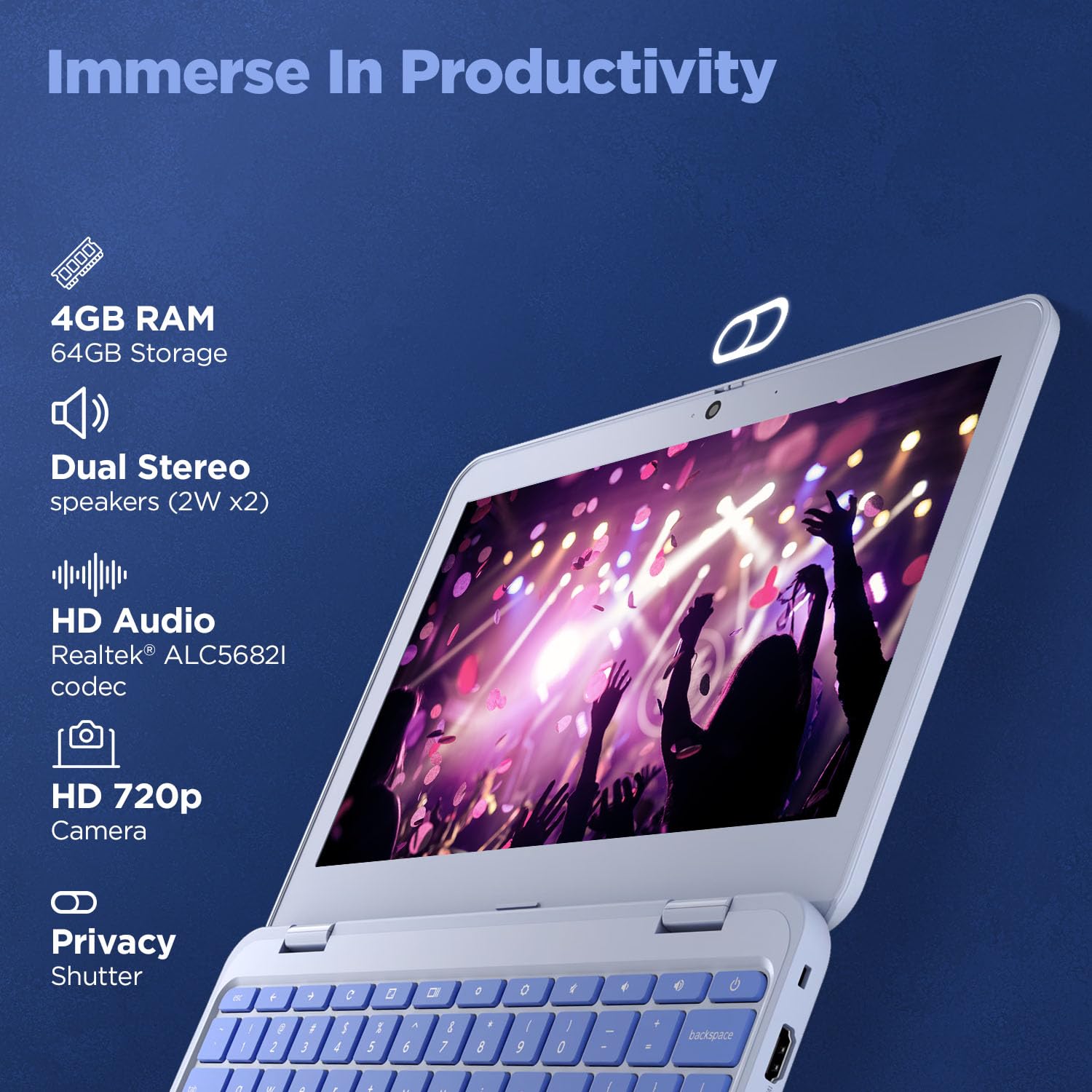 Lenovo Chromebook Intel Celeron N4500 (4GB RAM/64GB eMMC 5.1/11.6 Inch (29.46cm)/HD Display/2Wx2 Stereo Speakers/HD Camera/Chrome OS/Blue/1.21Kg), 82UY0014HA - Image 7