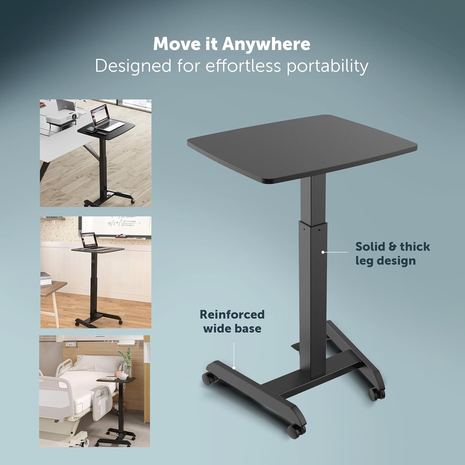 JIN OFFICE Ergonomic Height Adjustable Laptop Desk| 1 Year Warranty| Sit Stand Table with Lockable Wheels| Standing Desk for Home Office| Thick Column and Wide Steel Base| Spacious MDF top| Black - Image 8